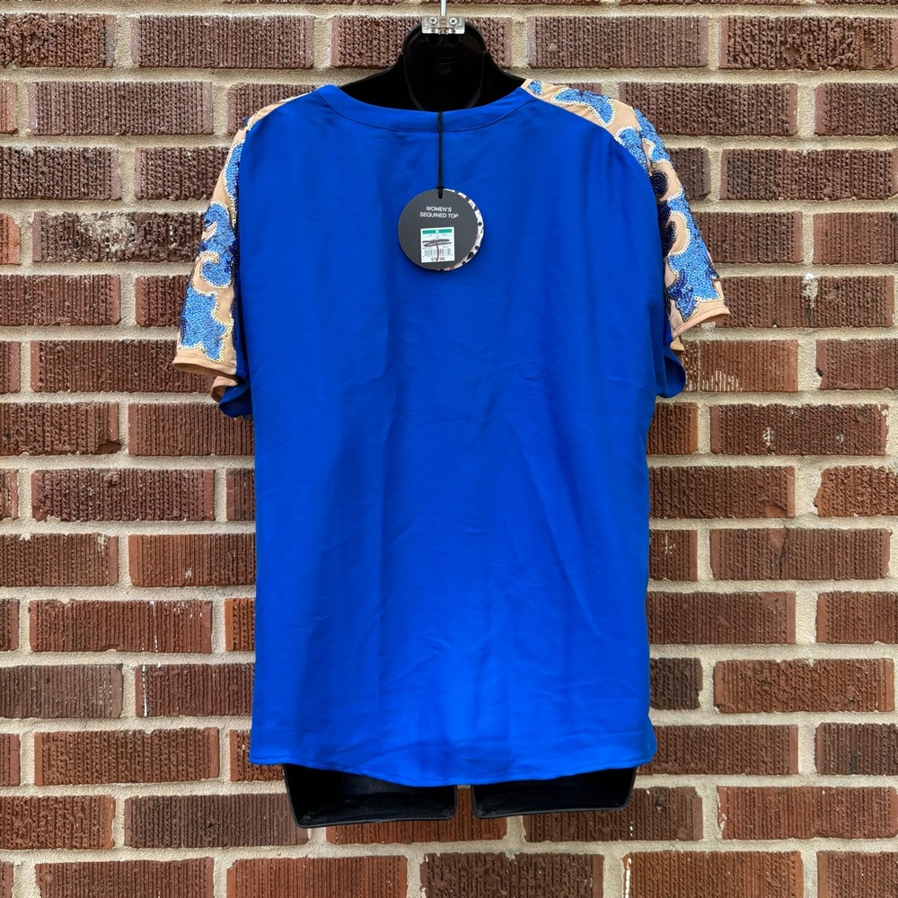 Neiman Marcus Tracy Reese NWT Women’s Beige & Blue Sequin Blouse Medium - Picture 3 of 8